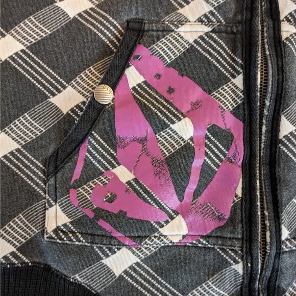 Volcom Womens Gray Black Plaid Flannel Zip Hoodie Hoody Y2K Skater Gear Jacket - Picture 4 of 10
